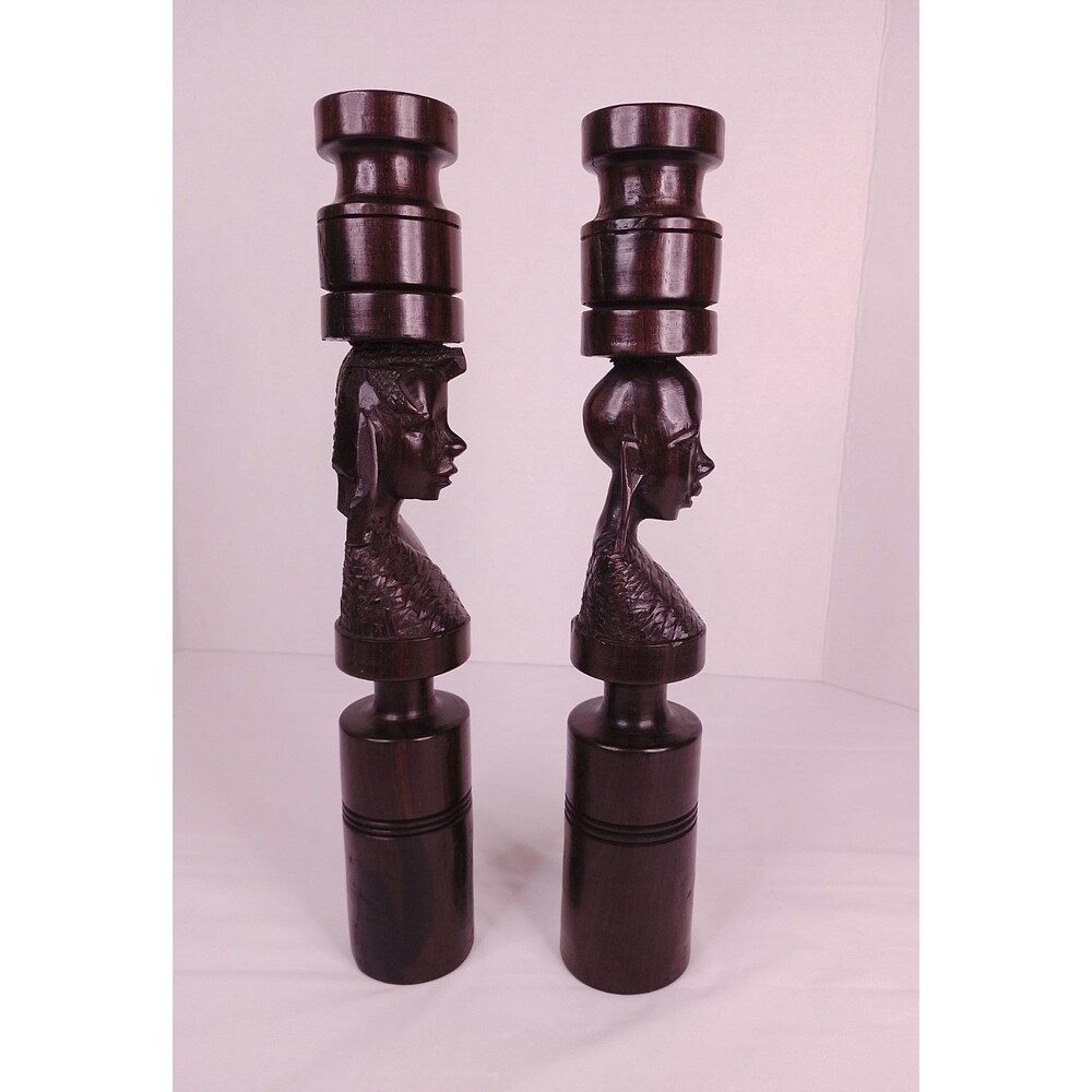 Vintage Mid-Century African Hand-Carved Ebony Wood Candlesticks - Picture 3 of 16